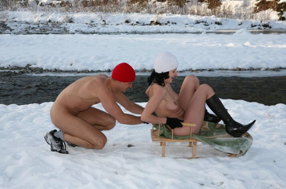 Naturist Girl Snow Day Couples Sled pics - The nature of nudism provides strength and inspiration